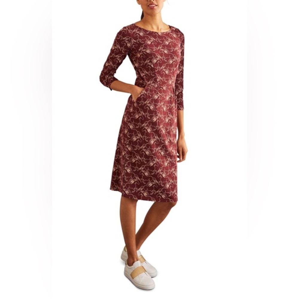 Boden Horses Dress Print Penny Jersey Maroon Pink Knee Length 3/4 Sleeve Wild